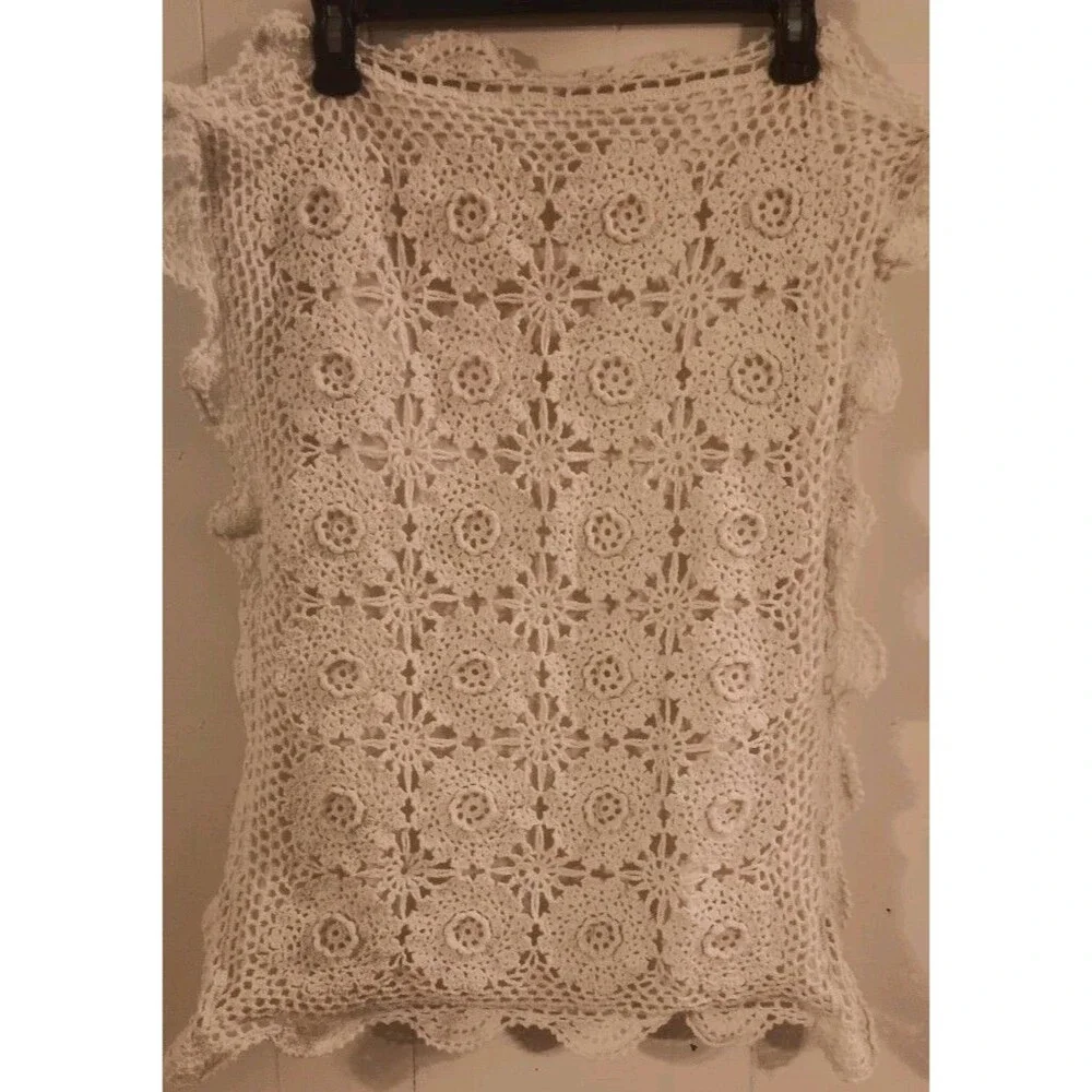 Vintage Cream Crochet Cotton Standard Pillow Sham Cottage Shabby Chic